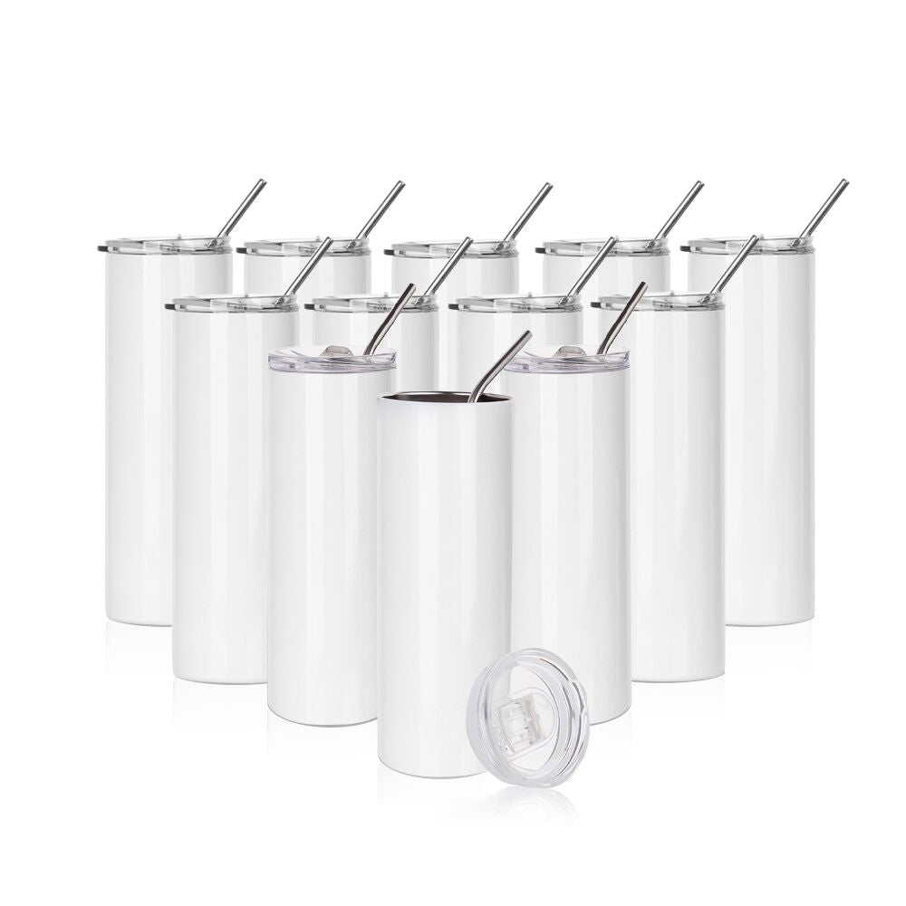 PYD Life 12 Pack Sublimation Tumblers Blanks Skinny White 20 oz Straight Bulk Stainless Steel Tumbler with Metal Straw and Lid for Tumbler Heat